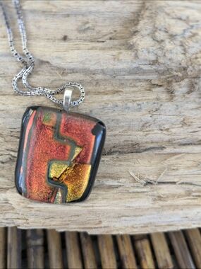 Handmade Dichroic Glass Pendant Necklace in Red and Gold